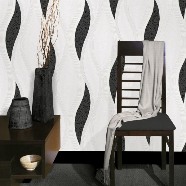 Wave Embossed Textured Wallpaper Black